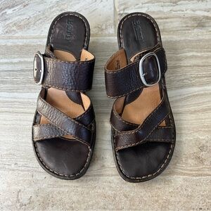 Born Brown Leather Wedge Heel Sandals, Size 8